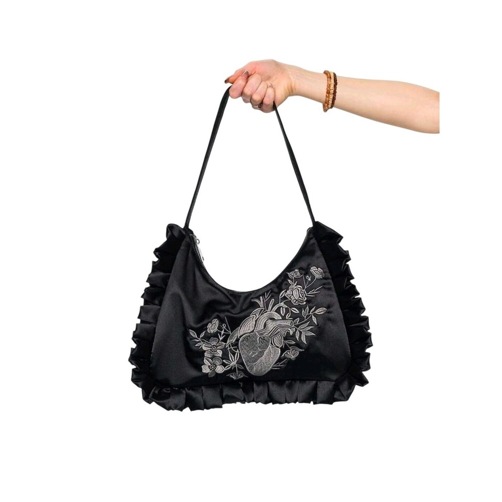 Black Satin Ruffle Shoulder Bag Anatomical Heart Floral‎ Embroidery Hobo Purse